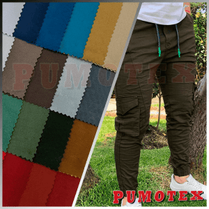 Tejidos y muestras de tela en diferentes colores para ropa de trabajo y moda en Pumotex, con pantalones cargo en color caqui para un estilo urbano y funcional.